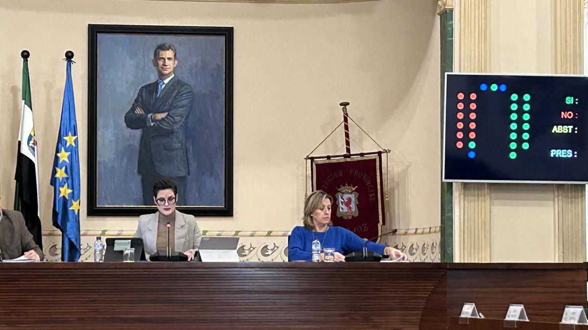 Panel con la votación de los presupuestos de la Diputación de Badajoz.