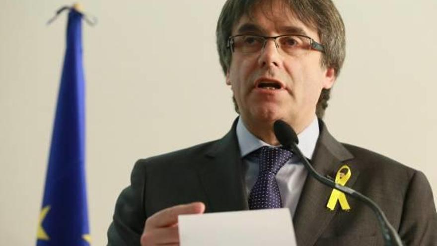 Carles Puigdemont, a la compareixença pública que va tenir lloc ahir a Brussel·les.