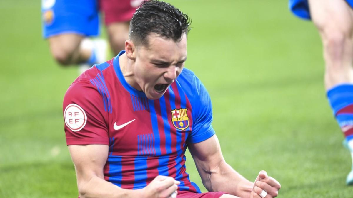 Jutglà, celebrando un gol con el Barça B