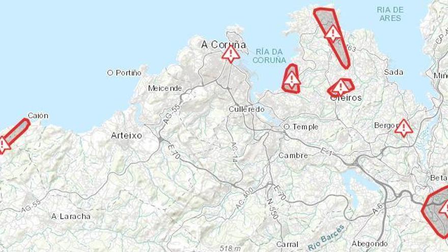 Mapa con las incidencias de Fenosa en el área de A Coruña a las 14.00 horas
