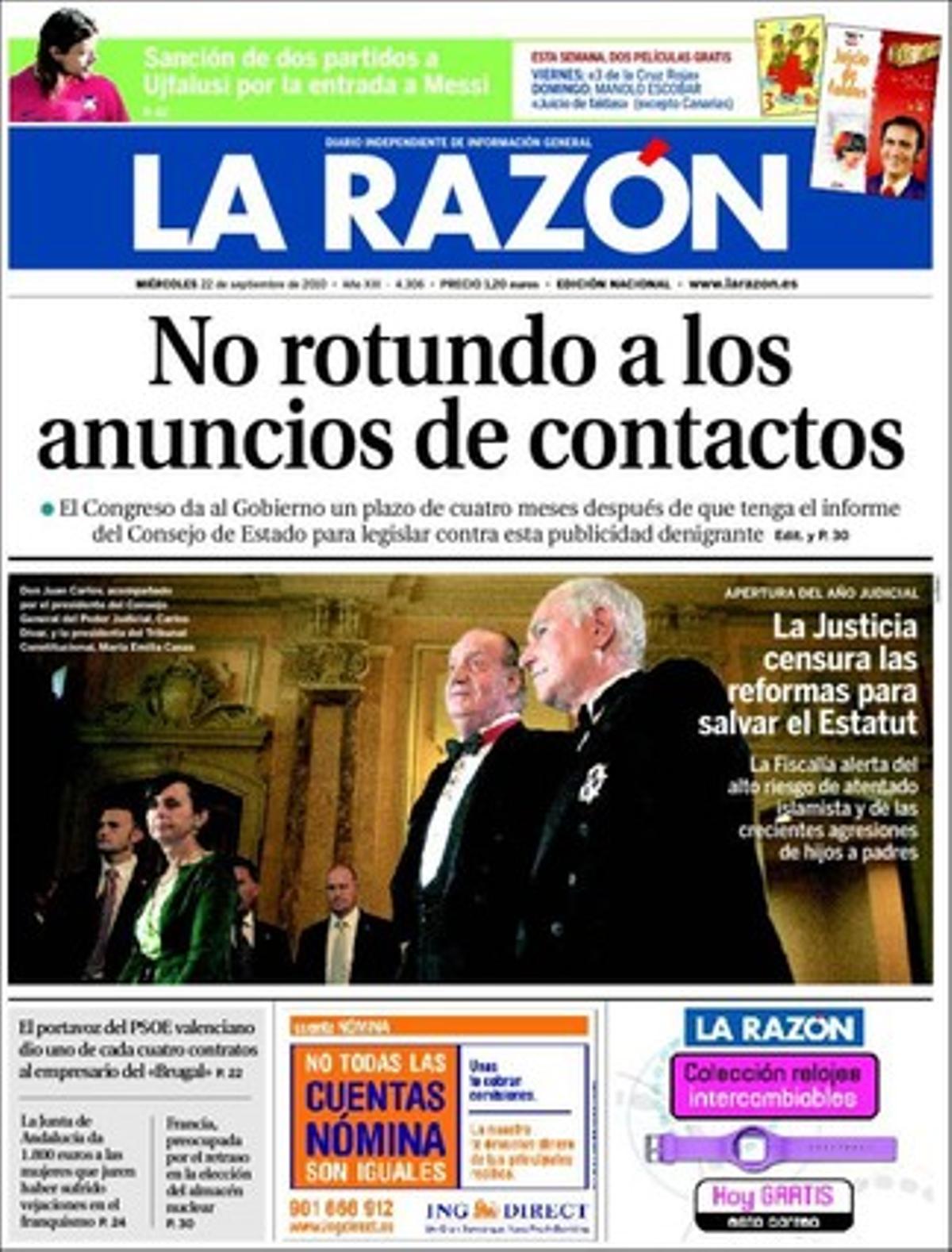 ’La Razón’ cuenta que el portavoz del PSOE valenciano dio uno de cada cuatro contratos al empresario de Brugal, el escándalo de las contratas de basuras de Alicante, y también realza que el Congreso pone plazo para eliminar los anuncios de contactos en la prensa, tema del que este diario hizo bandera y con el que abre su portada.