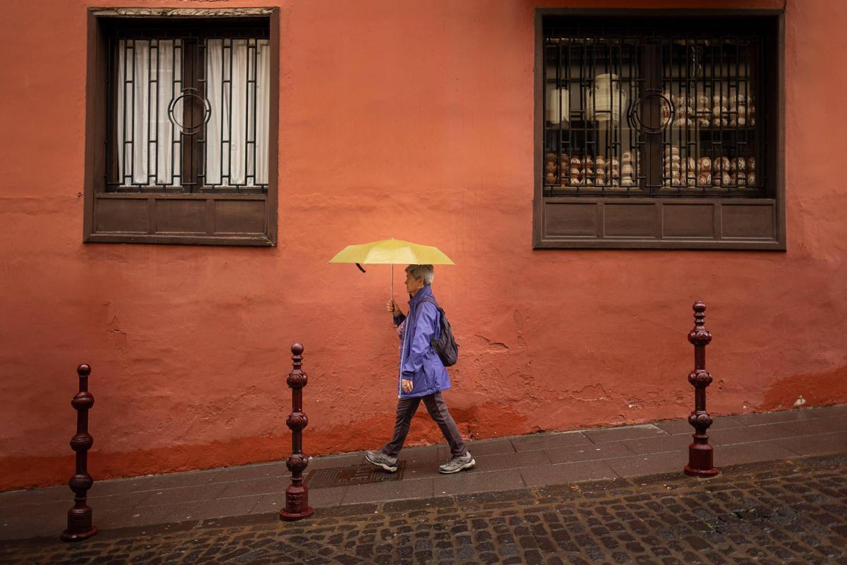 Una mujer se resguarda de la lluvia en La Orotava con su paraguas
