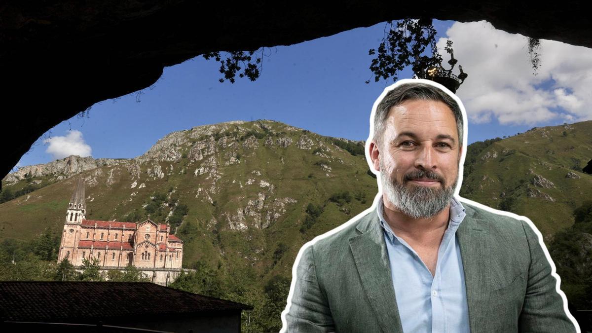 Santiago Abascal y, de fondo, la basílica de Covadonga en una imagen tomada desde la Santa Cueva