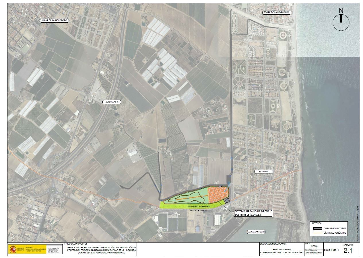 Proyecto de desvío de la rambla hacia Pilar de la Horadada, que salva las instalaciones de San Pedro del Pinatar