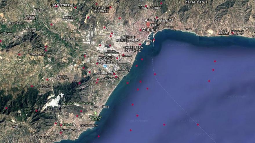 Mapa de la AEMET que marca dónde han caído los rayos durante la tormenta de la pasada noche.