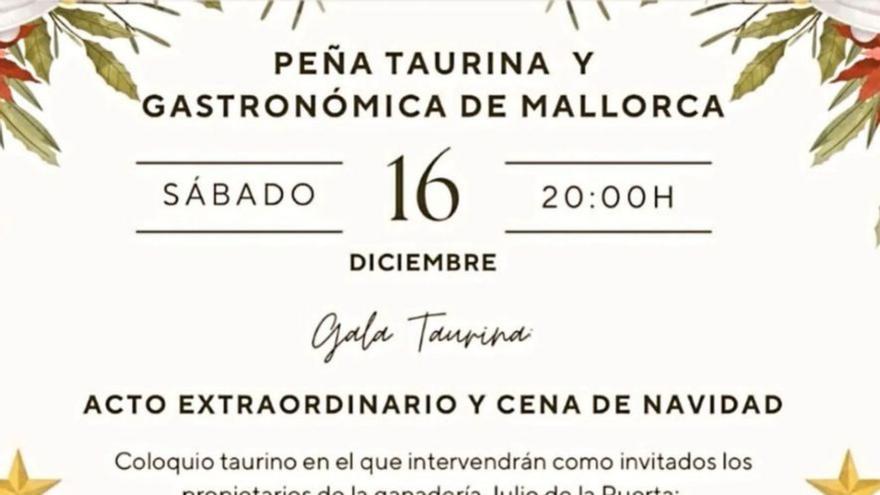 La Peña Taurina y Gastronómica de Mallorca celebrará su Gala Taurina de final de temporada