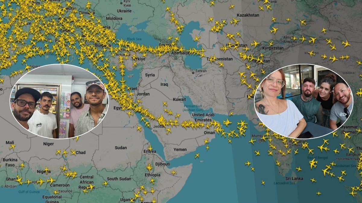 Fotomontaje de los ocho tinerfeños atrapados en Tailandia junto al vacío aéreo en la zona de Oriente Medio