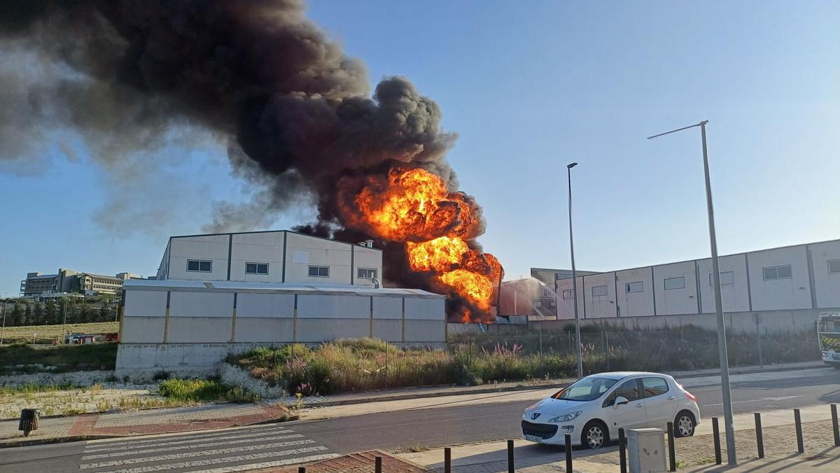 Columna de llamas y humo del incendio de una fábrica de aceites reciclados en Lucena.