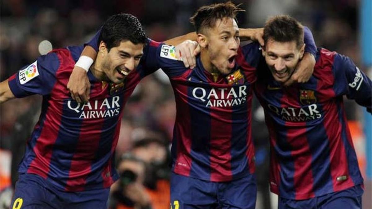 Luis Suárez, Neymar y Messi celebran el 3-1 del Barça, obra de Leo, frente al Atlético