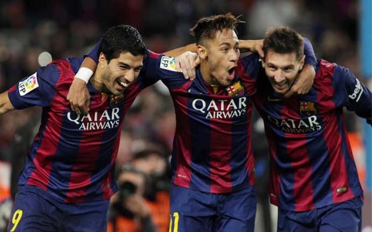 Luis Suárez, Neymar y Messi celebran el 3-1 del Barça, obra de Leo, frente al Atlético
