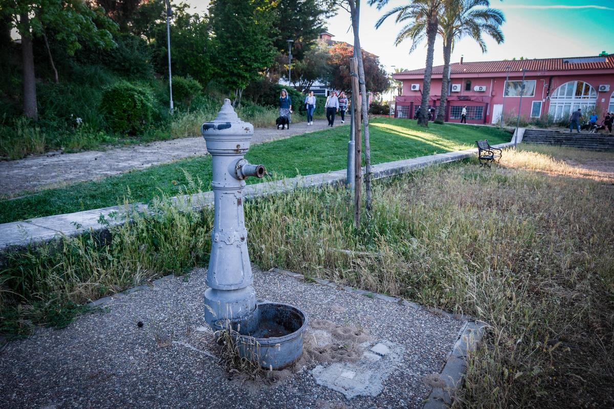 Fuente sin funcionamiento y hierba alta en el parque de Las Vaguadas de Badajoz.