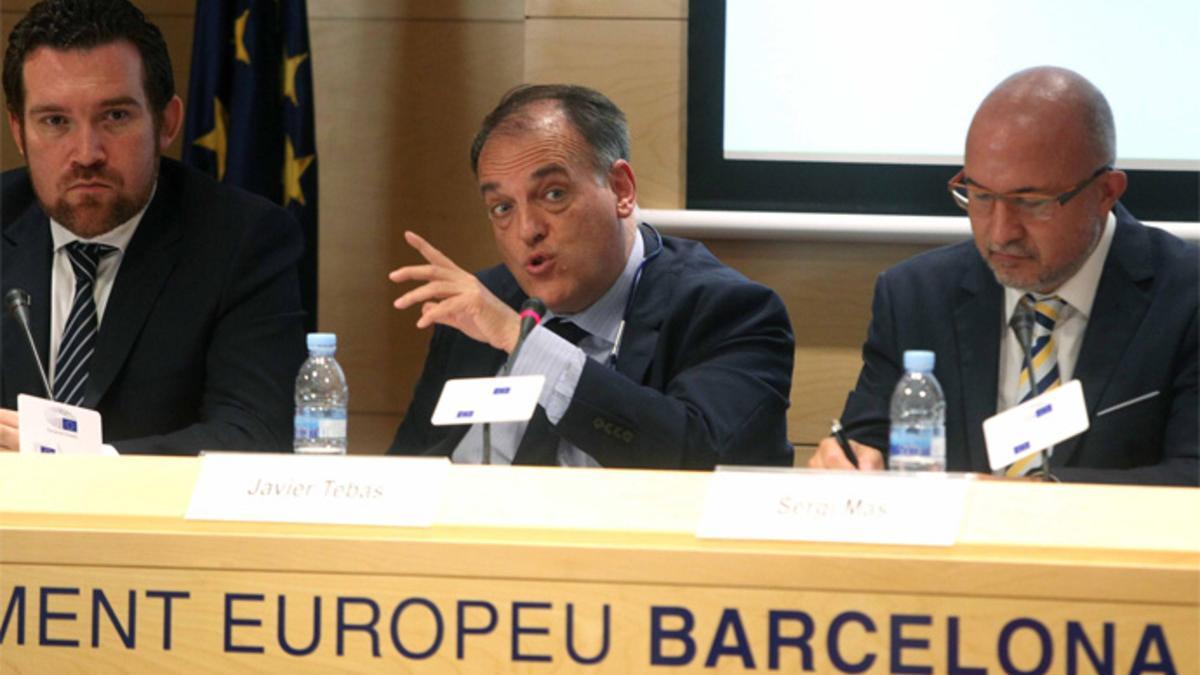 Javier Tebas, presidente de La Liga, en el acto en el que ha participado esta mañana en Barcelona