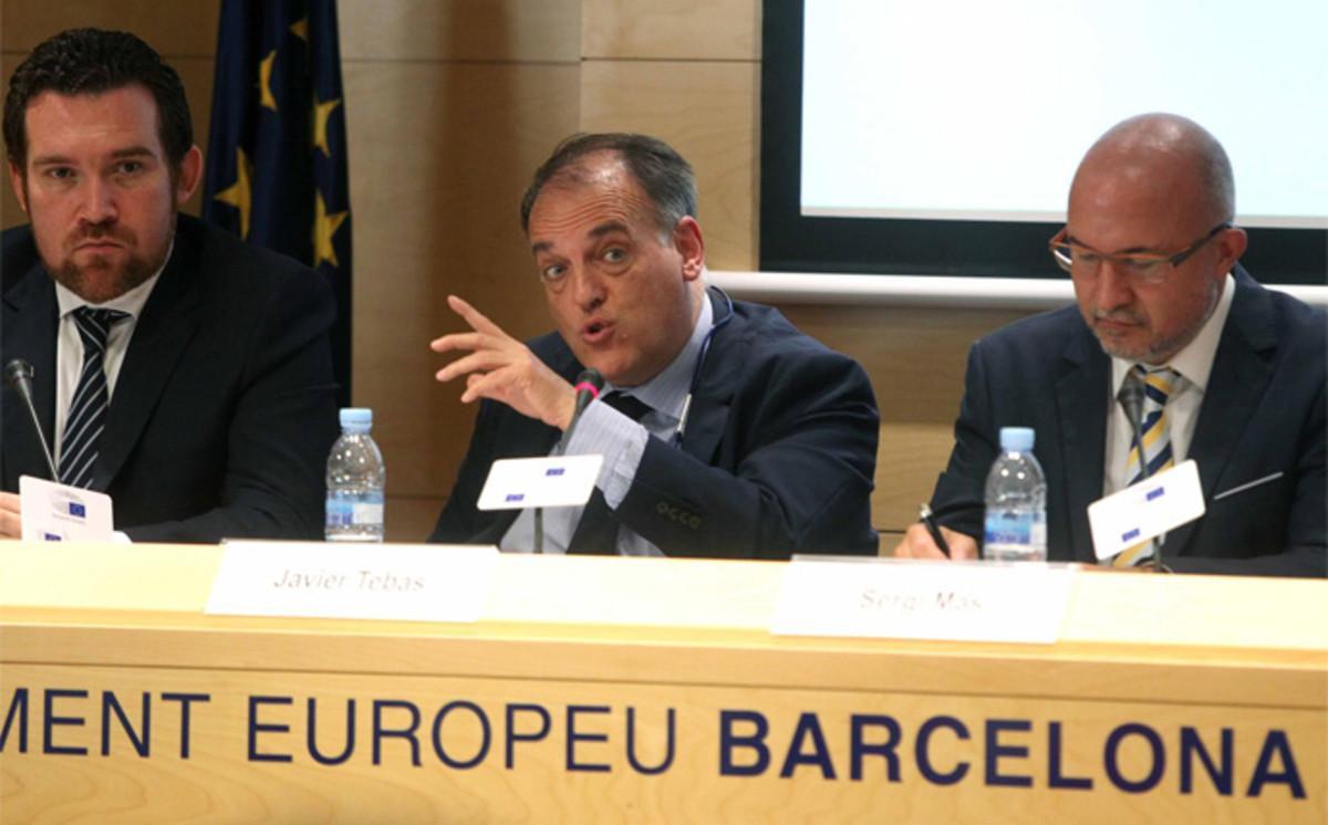 Javier Tebas, presidente de La Liga, en el acto en el que ha participado esta mañana en Barcelona