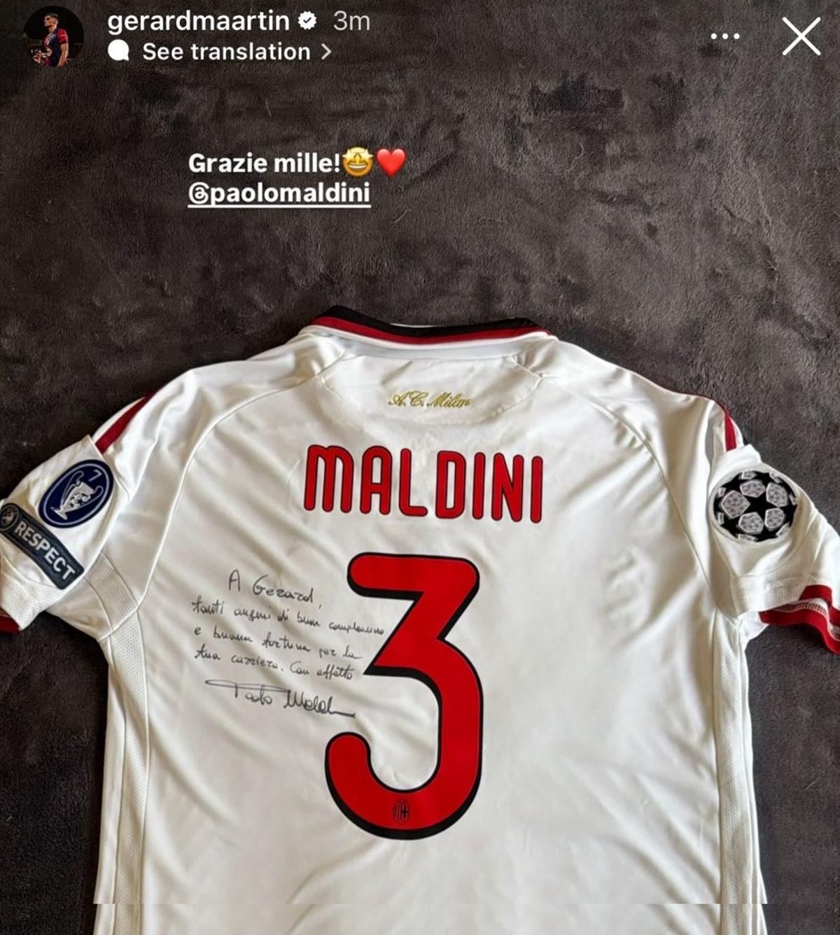 Gerard Martín agradeció a Paolo Maldini su regalo