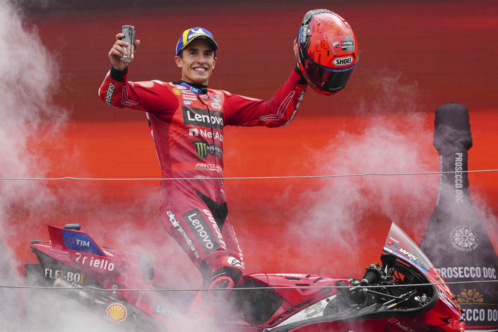 Spain's rider Marc Marquez of the Ducati Lenovo Team celebrates after winning the MotoGP race at the Grand Prix of the Netherlands at the TT Circuit in Assen, northern Netherlands, Sunday, June 29, 2025. (AP Photo/Peter Dejong) Associated Press/LaPresse. EDITORIAL USE ONLY/ONLY ITALY AND SPAIN