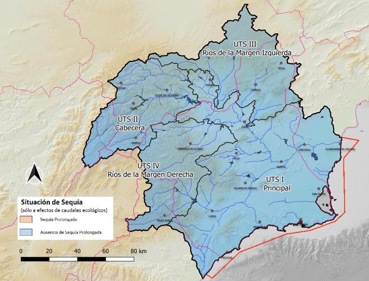 Mapa de la situación de sequía en la cuenca del Segura.