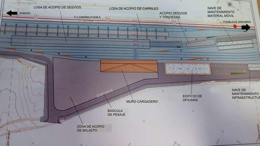 Esquema de la base de montaje del AVE, situada en la zona donde estuvo la antigua estación de la localidad, derribada recientemente.