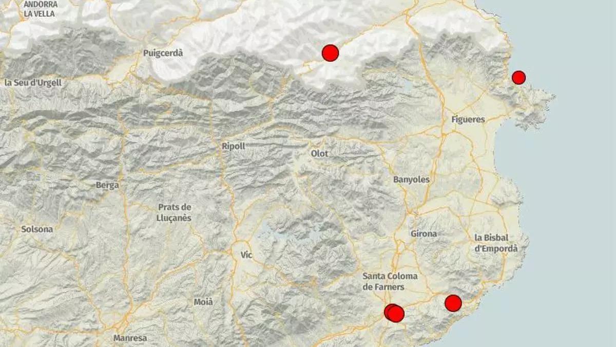 Localización de los cuatro terremotos que sí pudieron percibirse en la provincia de Girona