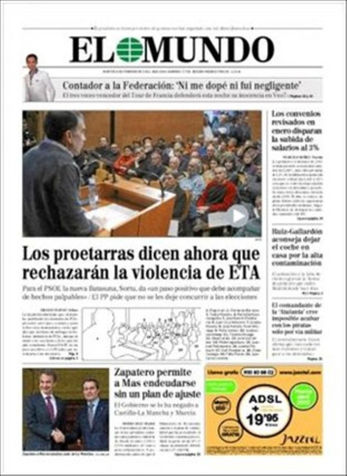 ’El Mundo’ realça també que el jutge Flors tomba un altre recurs de Camps en menys d’un mes, que el PP critica que el català sigui l’idioma de referència de l’Institut Català de la Salut, i que la revisió dels convenis al gener dispara un 3% els sous a Espanya.