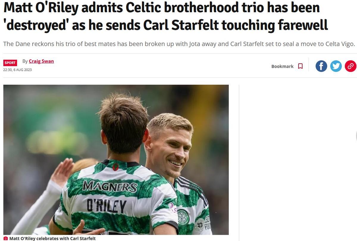 Captura de la información del Daily Record sobre las declaraciones del jugador danés del Celtic Matt O'Riley sobre la marcha de Starfelt.