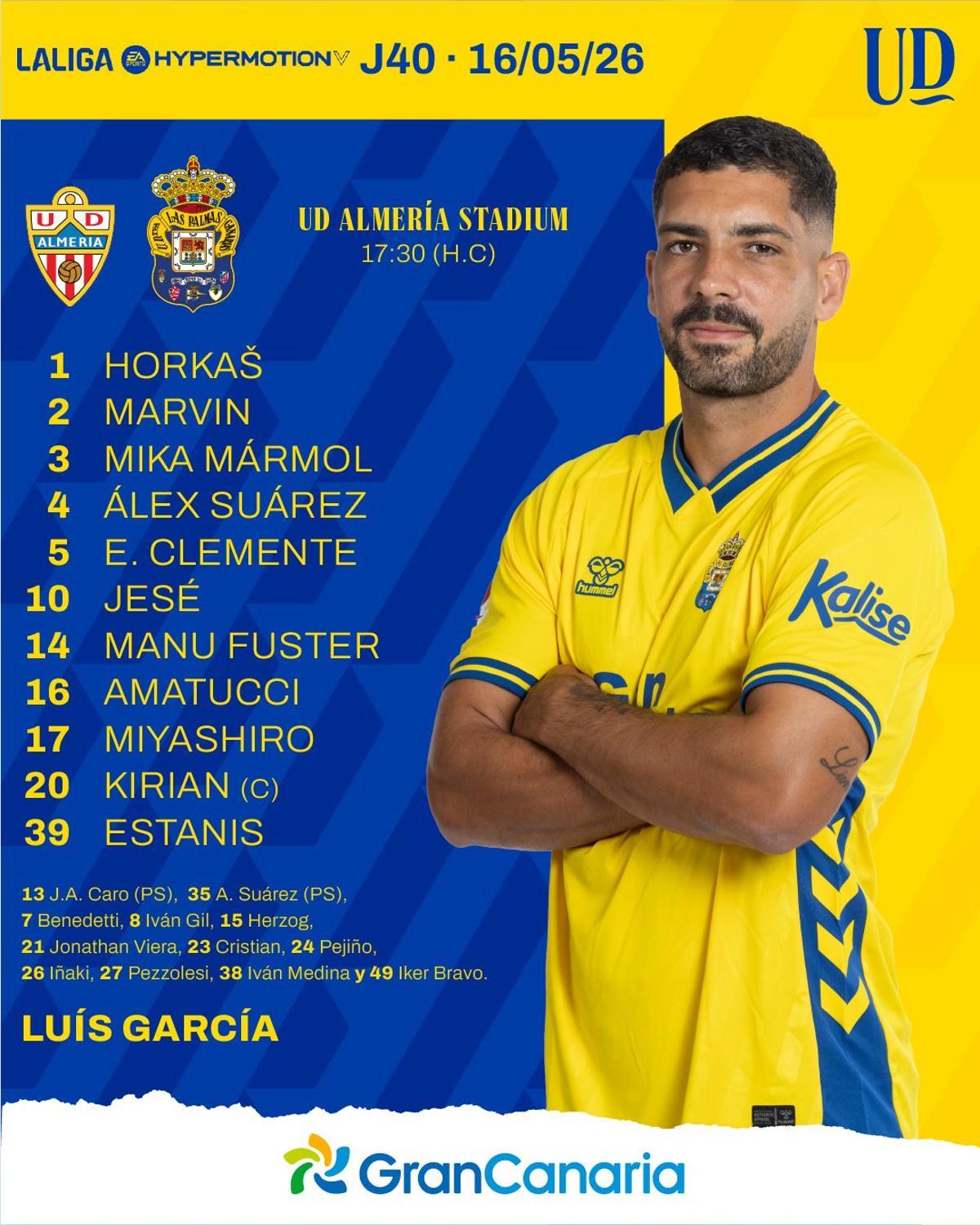 El rótulo con el once y los suplentes de la UD con un primer plano de Álex Suárez.