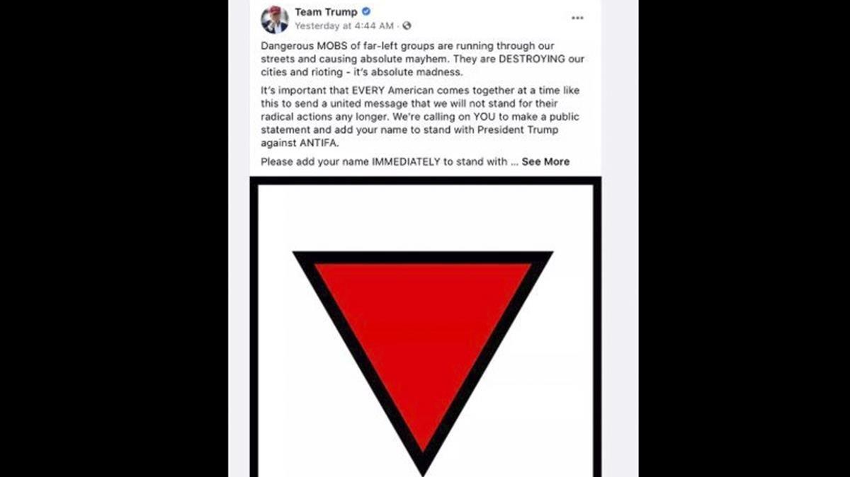 Captura de uno de los anuncios de campaña de Trump retirado por Facebook con el triángulo rojo invertido con que los nazis marcaron a opositores políticos en campos de concentración. Captura de uno de los anuncios de campaña de Trump retirado por Facebook con el triángulo rojo invertido con que los nazis marcaron a opositores políticos en campos de concentración.