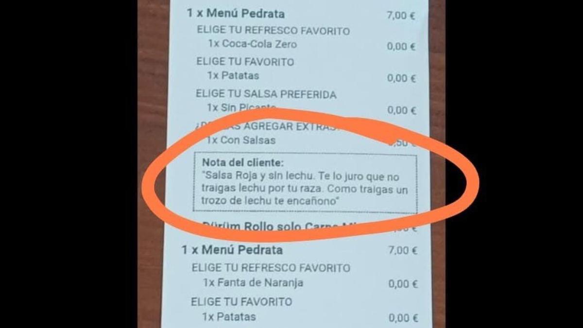 Mensaje en un pedido de un restaurante para llevar