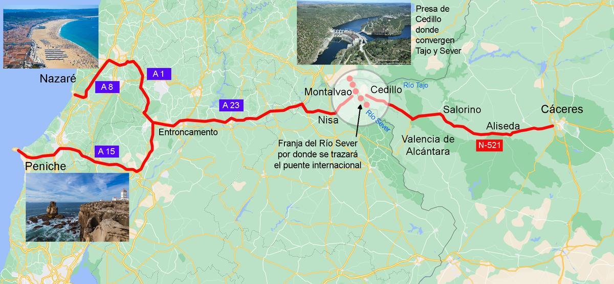 Plano explicativo de la ubicación aproximada del nuevo puente, y del nuevo tránsito desde Cáceres al litoral luso.