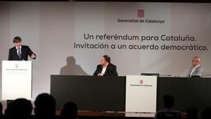 Carles Puigdemont, durante su conferencia en Madrid sobre el referéndum, este lunes.