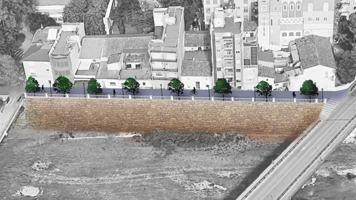 El muro y el paseo proyectado en Picanya, junto al barranco del Poyo.