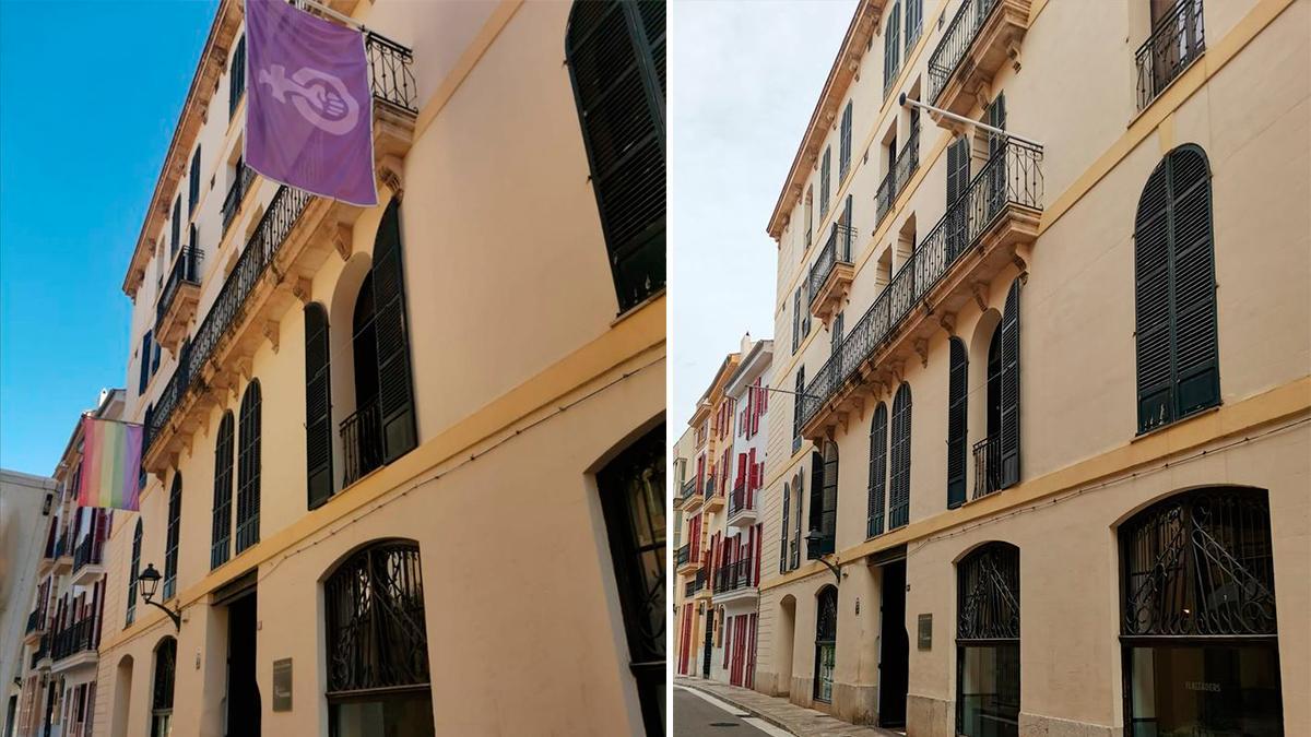 El edificio Flassaders con las banderas feminista y LGTBI (izquierda) y después que Vox las quitara (derecha)
