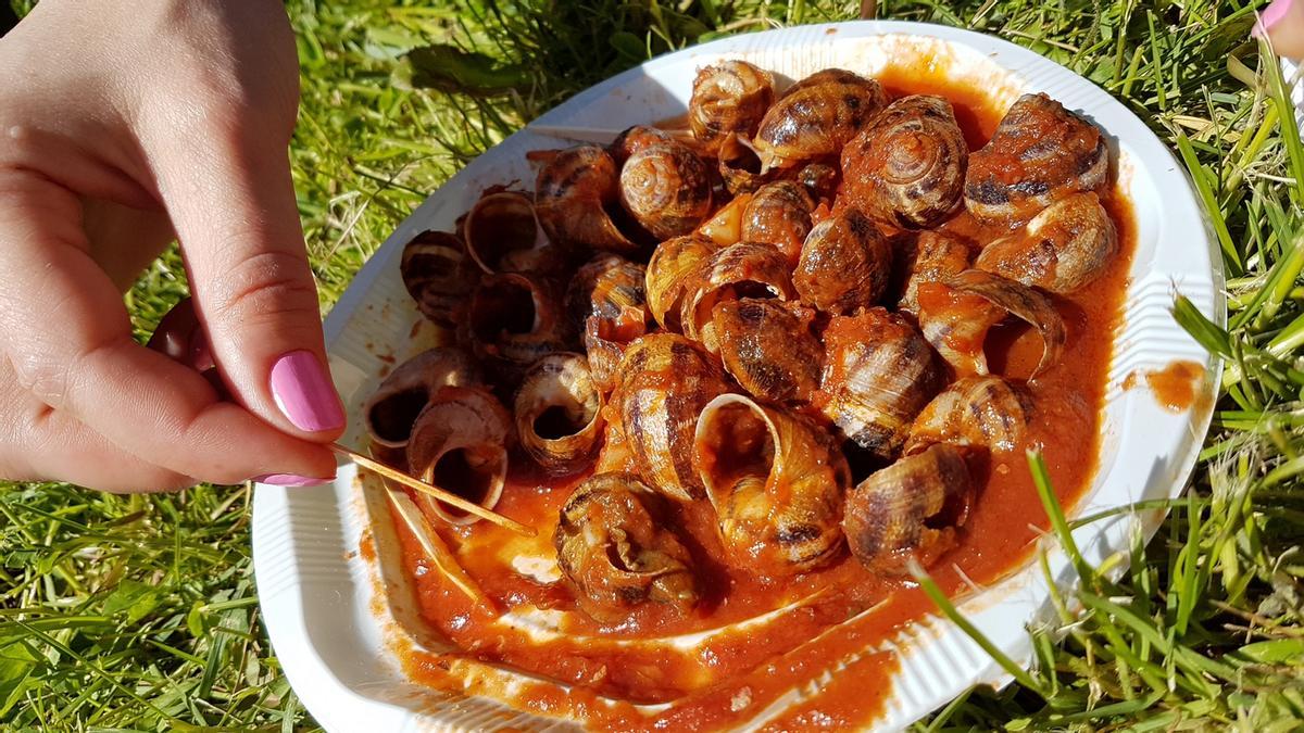 Plato de caracoles, comida callejera, bocadillo de caracoles picantes