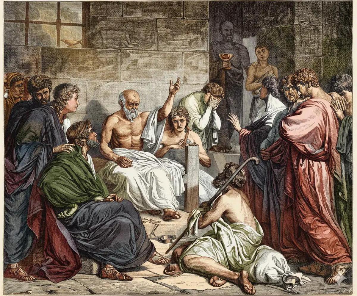 Escena que representa a Sócrates tras ser ordenado beber vino para morir