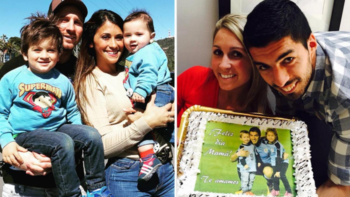 Leo Messi y Antonella Rocuzzo junto a sus hijos Thiago y Mateo (izquierda); Luis Suárez junto a su esposa Sofia Balbi (derecha)