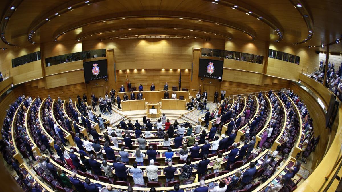 Minuto de silencio para condenar los últimos asesinatos por violencia machista, antes del inicio del pleno del Senado que debatirá la estrategia de ahorro energético, en Madrid.