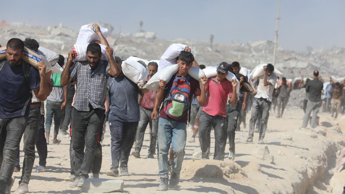 Palestinos cargan sacos de suministros llegados a Gaza, en Beit Lahia.