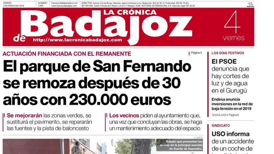 Esta es la portada de LA CRÓNICA DE BADAJOZ correspondiente al día 4 de enero del 2019