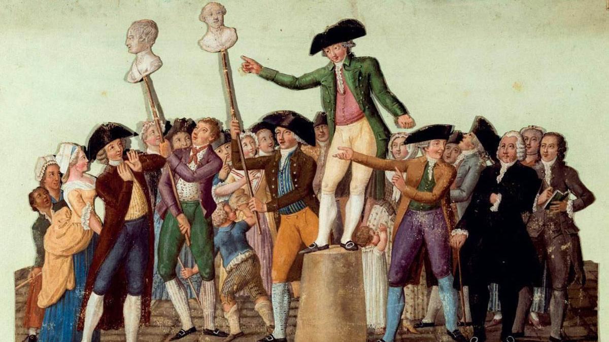 Un grupo de ciudadanos esgrime las cabezas de Necker y el duque de Orleans, el 12 de julio de 1789 en París.
