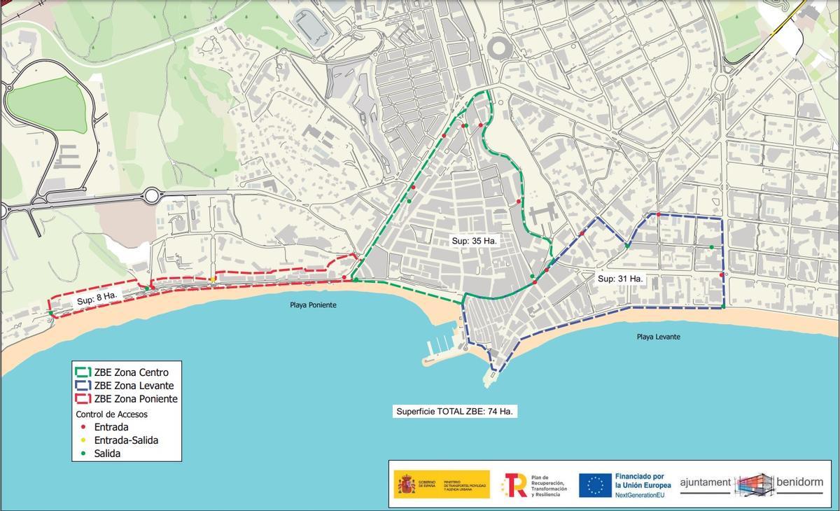 Las zonas restringidas de Benidorm y los puntos de entrada y salida.