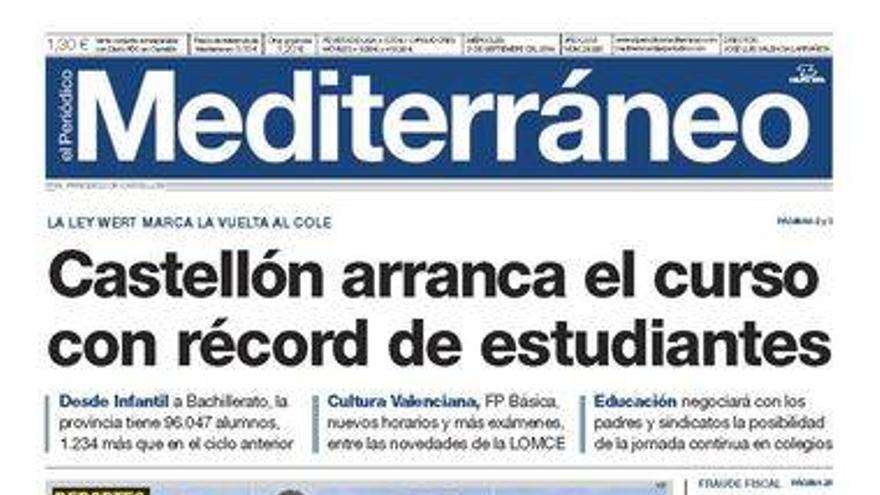 Castellón arranca el curso con récord de estudiantes, en la portada de el Periódico Mediterráneo