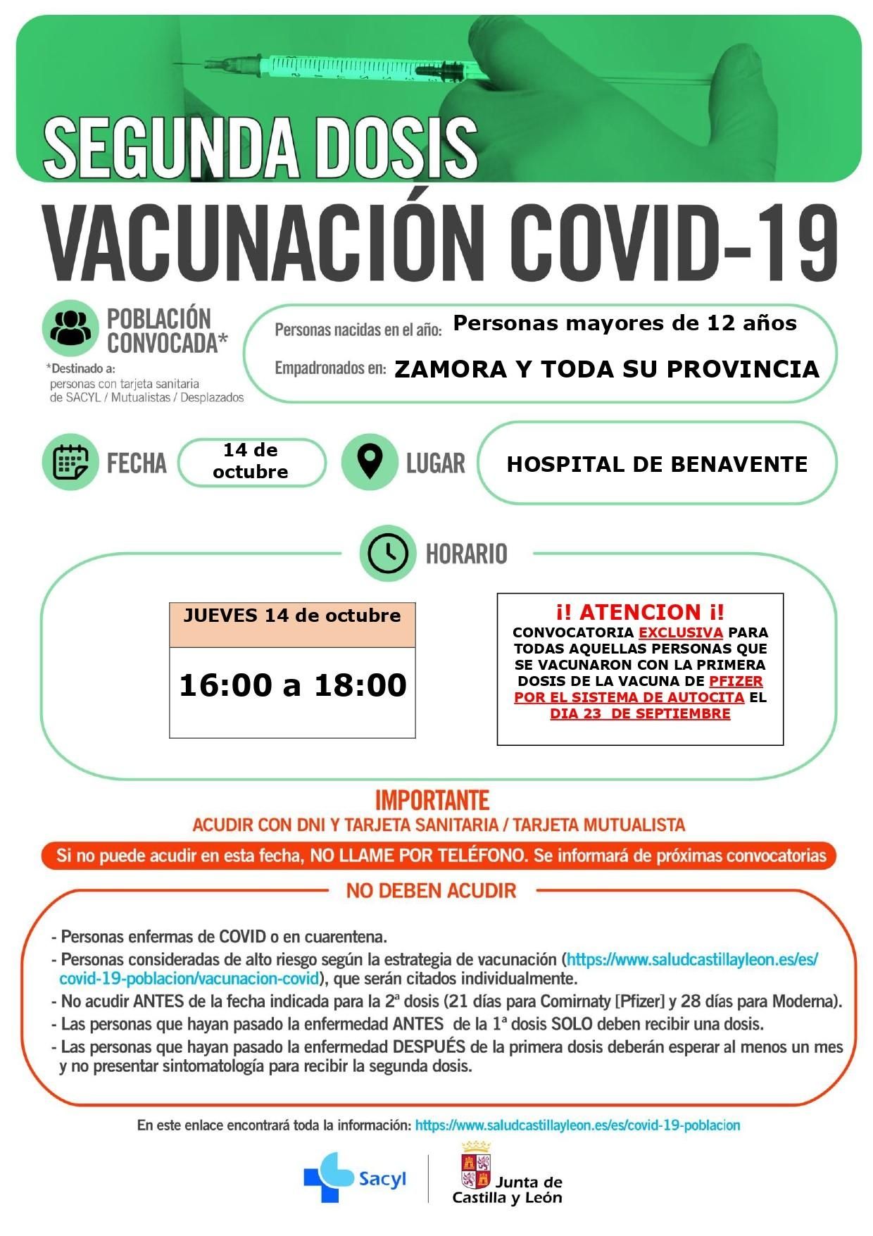 Segundas dosis de Pfizer para los que se vacunaron con la primera el 23 de septiembre en Benavente