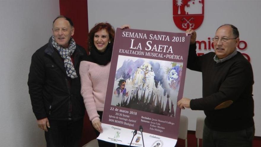 Esther Merino, Edu Hidalgo y Aroa Cala, en la exaltación de la saeta de Don Benito