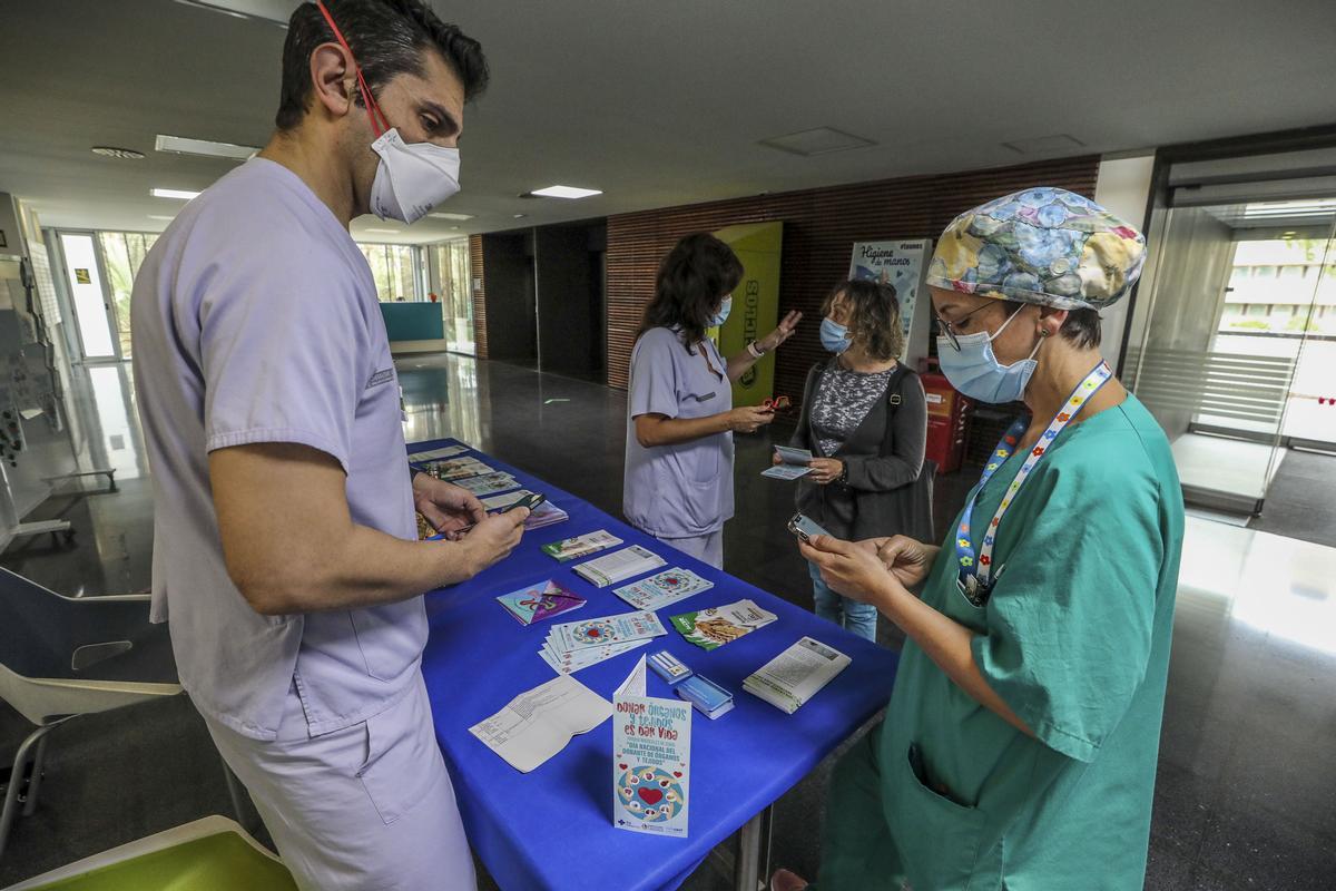 Una de las mesas informativas instaladas en el Hospital General de Elche.