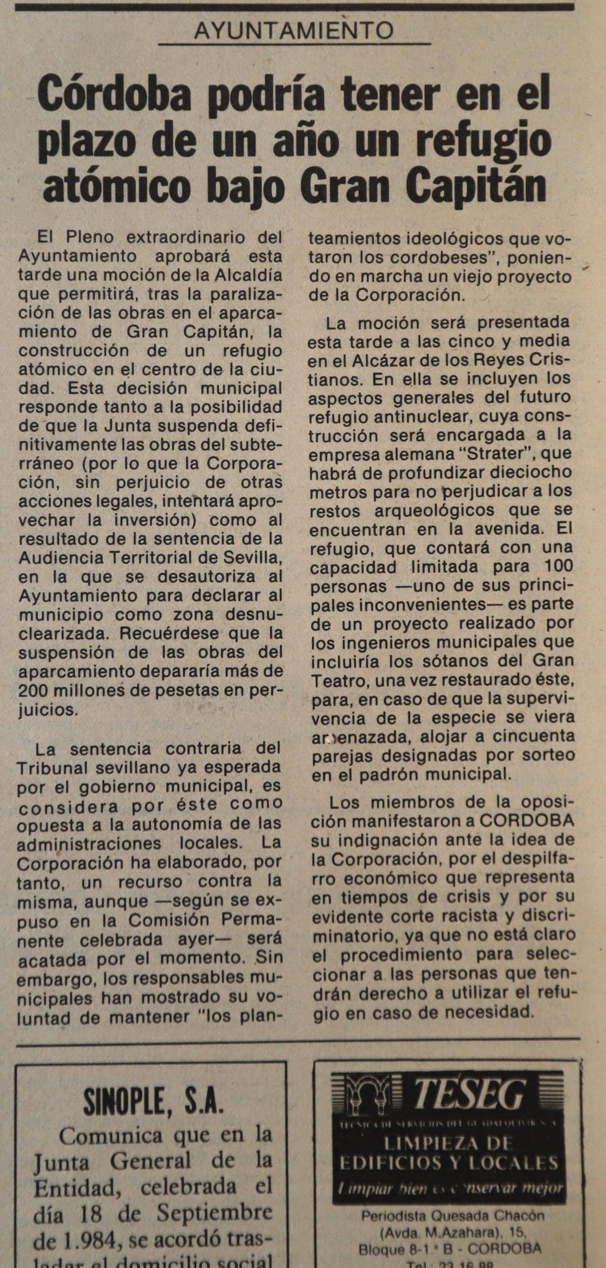Recorte de una noticia falsa sobre la creación de un refugio atómico bajo Gran Capitán, en el periódico del 28 de diciembre de 1984.