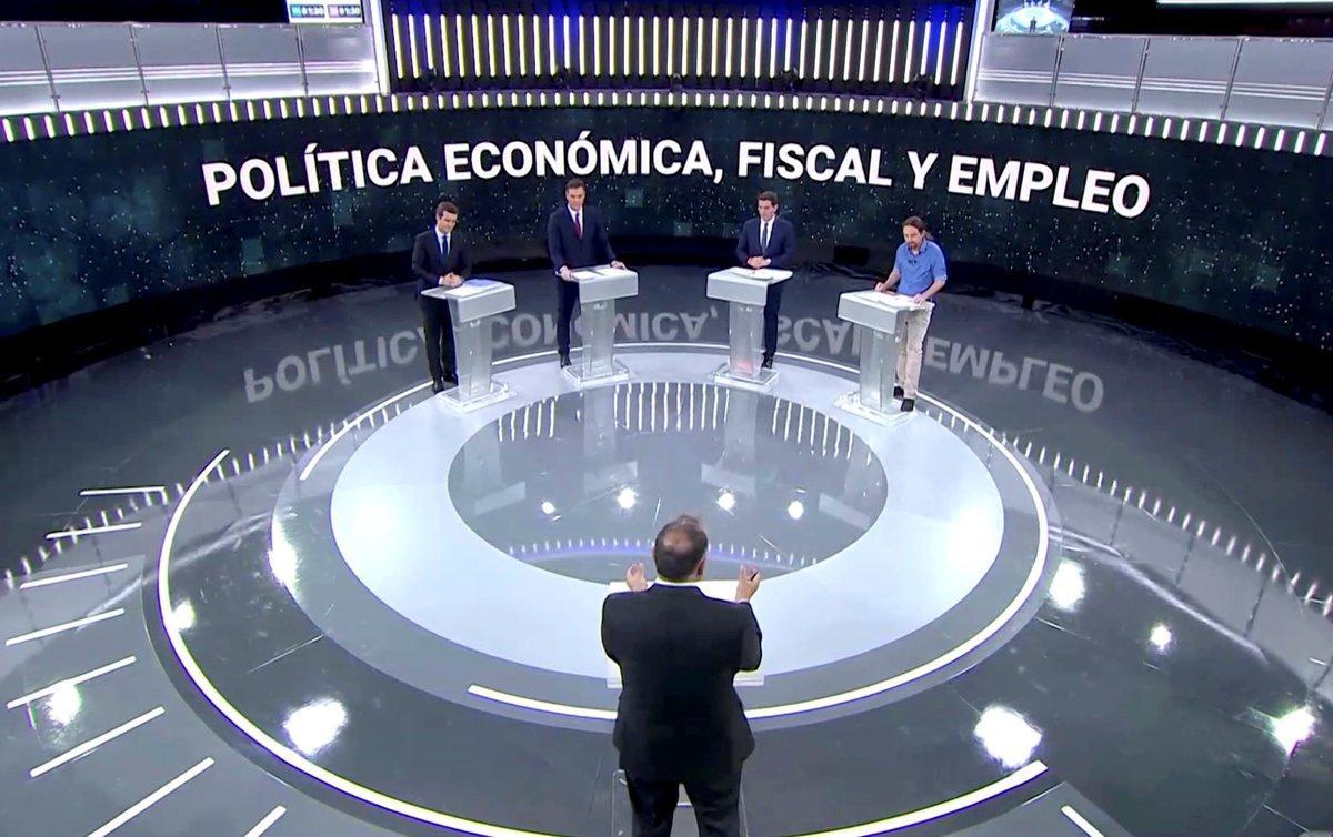 Candidates for Spanish general elections People s Party  PP  Pablo Casado  Spanish Prime Minister and Socialist Workers  Party  PSOE  Pedro Sanchez  Ciudadanos  Albert Rivera and Unidas Podemos  Pablo Iglesias attend a televised debate ahead of general elections in Pozuelo de Alarcon  outside Madrid  Spain  April 22  2019  TVE via REUTERS