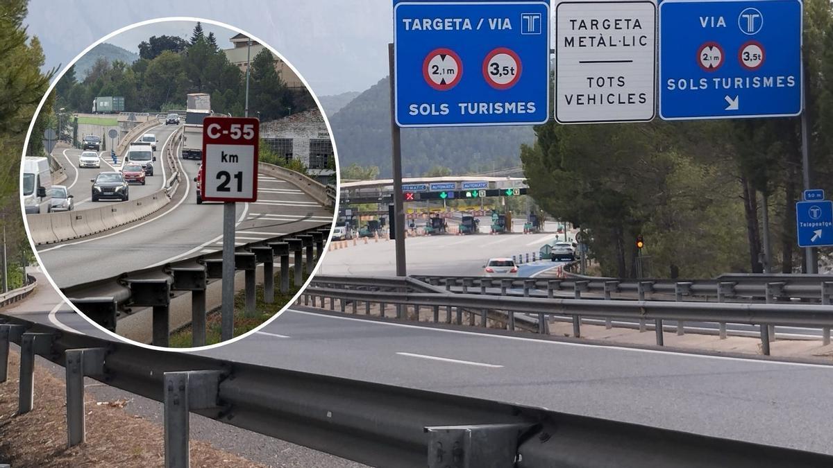 A la imatge gran, el peatge de l'autopista; a la petita, el tram de la C-55 a Sant Vicenç