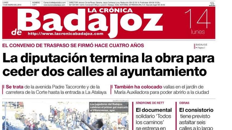 Esta es la portada de LA CRÓNICA DE BADAJOZ correspondiente al día 14 de enero del 2019