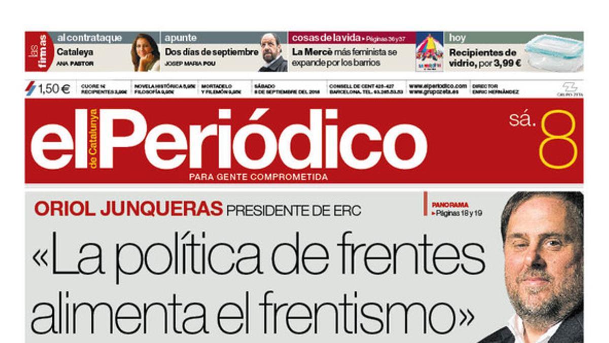 La portada de EL PERIÓDICO DE CATALUNYA del sábado, 8 de septiembre del 2018