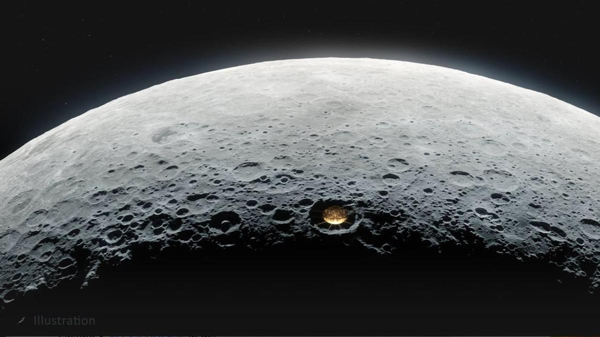 Representación artística de un radiotelescopio colocado en un cráter lunar.