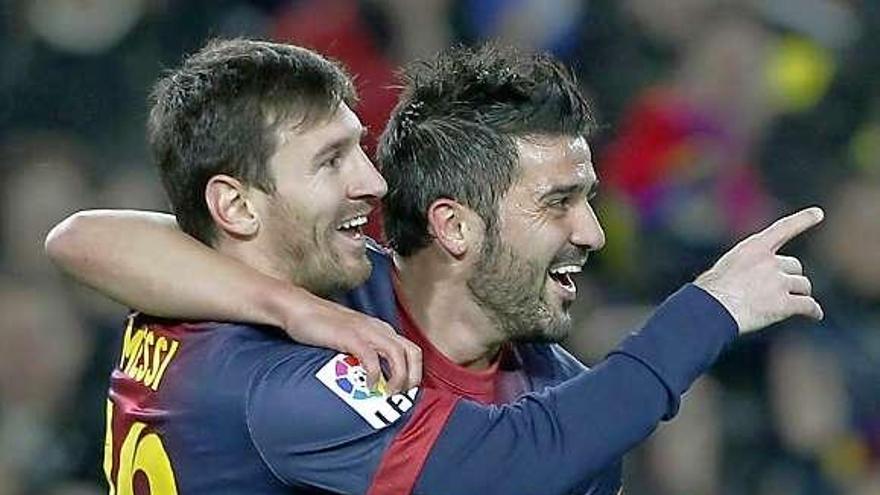 Villa y Messi, que hoy pueden volver a coincidir, celebran un gol. | reuters